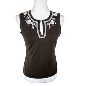 Ann Taylor Tank Top Women Medium Brown White Beaded Knit Sleeveless Silk Blend